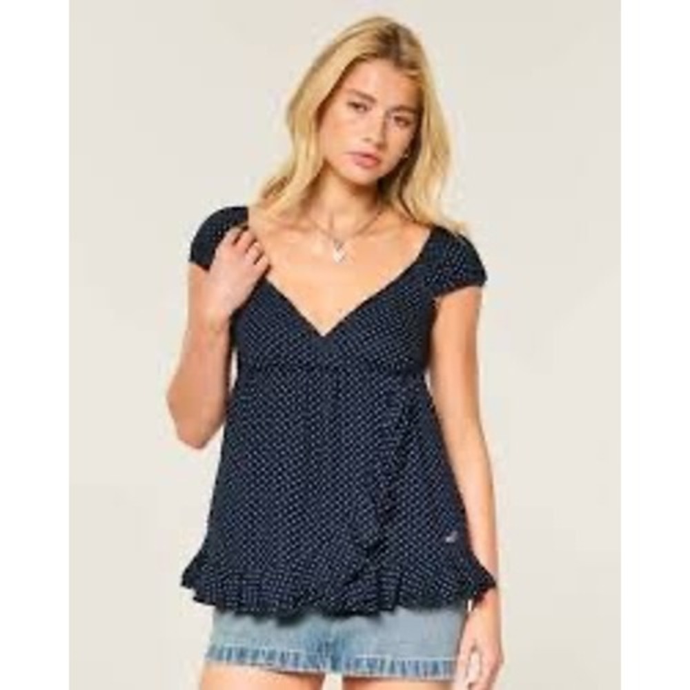 Hollister Navy Blue Polka Dot Ruffle Wrap Top XXL KI340-6018 Smocked Back NEW
